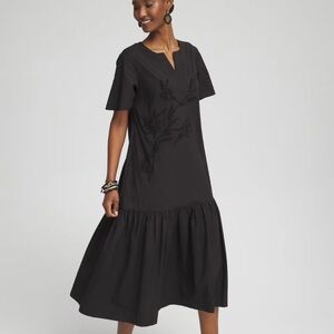 Chico’s Black Poplin Embellished Dress Beaded Split Neck Midi Dress 1.5 Medium